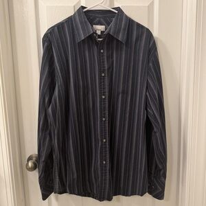 Utility Brand Mens Button Down Black Long Sleeve Shirt White Stripes Office